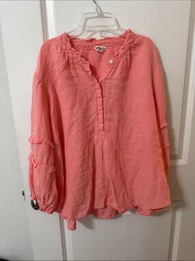 Women’s 100% Linem Coral Button-Popover Ruffle-Trim Blouse